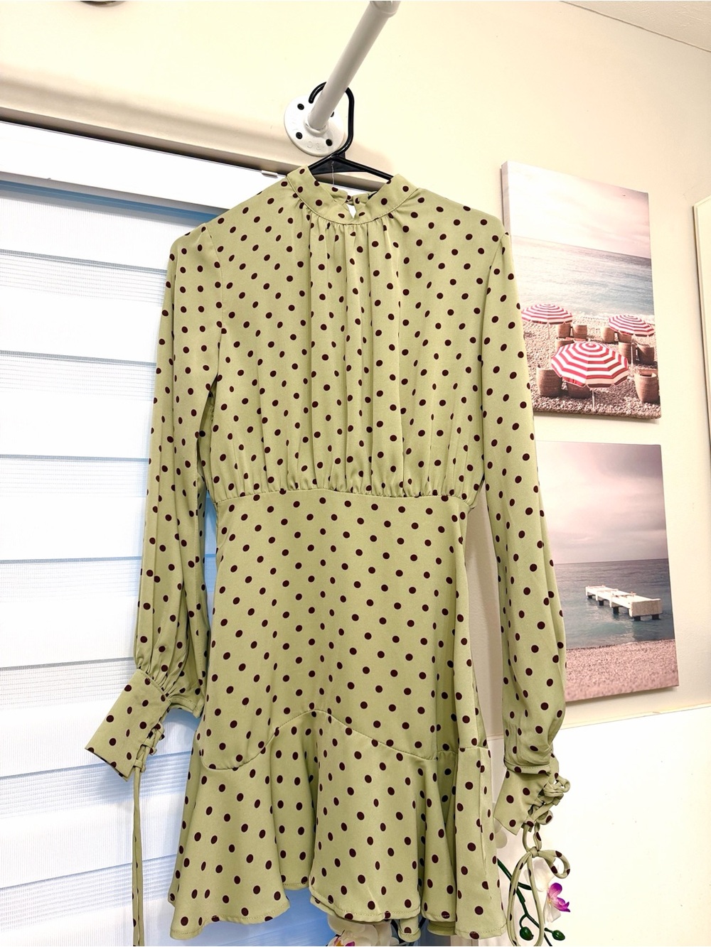 Nasty Gal Sage Green Polka Dot Long-Sleeve Mini Dress